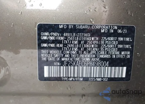 2023 Subaru Forester Premium из США, поврежденный, VIN JF2SKAEC6PH498004